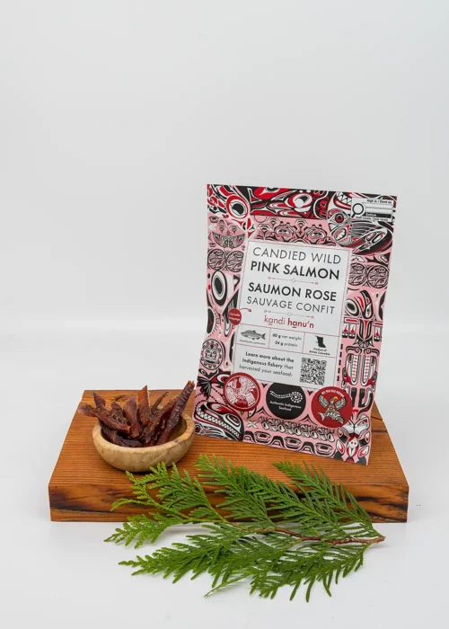 candied wild pink salmon product and package